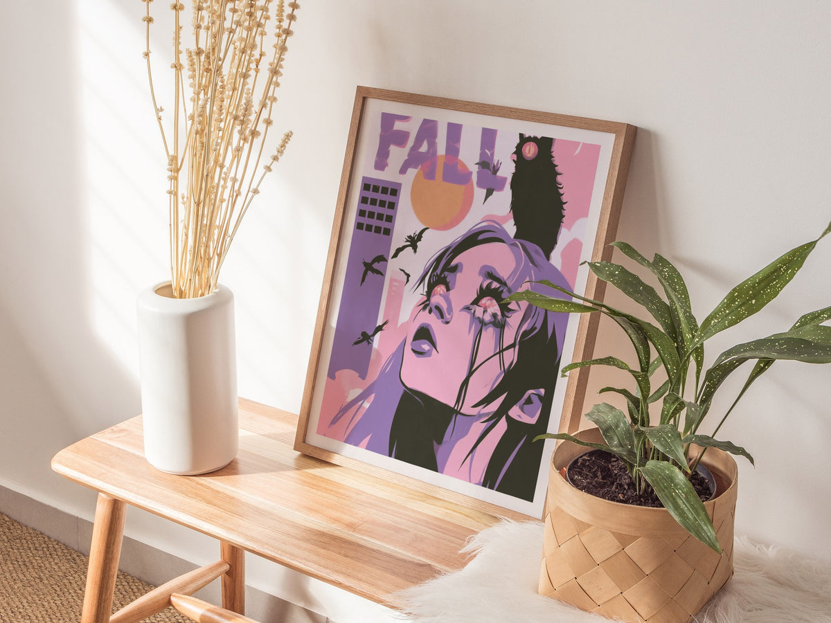 Girl Meets Fall Poster | Pink Purple Lime Illustrative Art Print | Surreal Pop Wall Art — styled in an interior