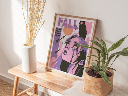 Girl Meets Fall Poster | Pink Purple Lime Illustrative Art Print | Surreal Pop Wall Art — styled in an interior