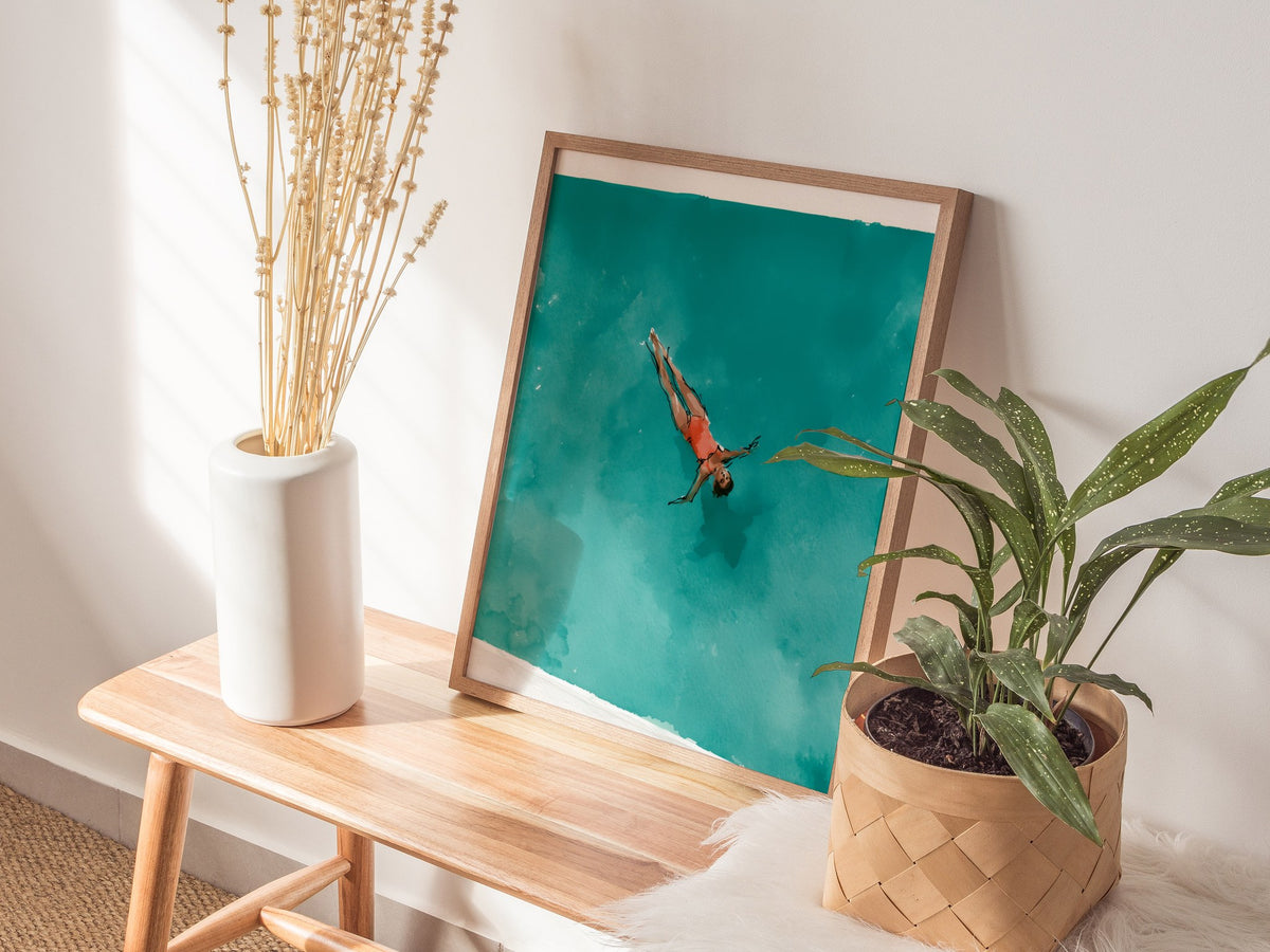 Swimmer in Pool Poster | Teal and Coral Watercolor Art Print | Spa Wall Art — styled in an interior