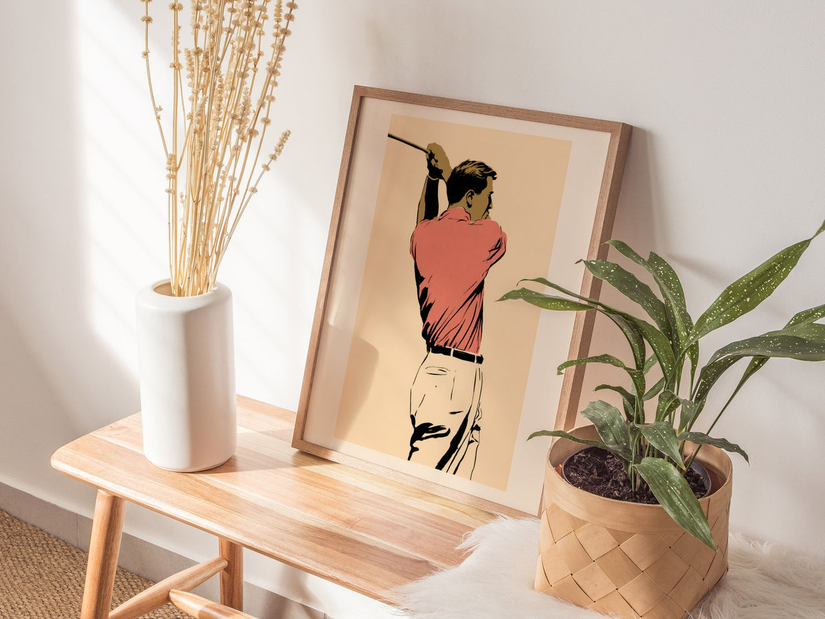 Golfer in Follow Through Poster | Pink and Cream Illustrative Art Print | Golf Wall Art — styled in an interior