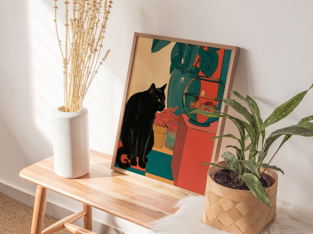 cat-and-goldfish Poster | Coral and Teal Matisse Style Art Print | Modern Home Wall Art — styled in an interior