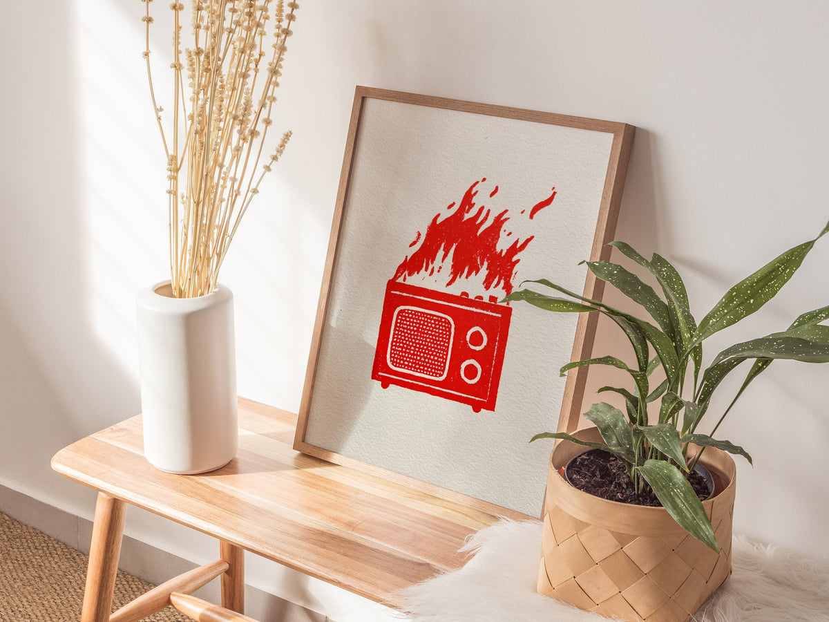 Radio Burns Poster | Red and Blue Screen Print Art Print | Retro Wall Art — styled in an interior