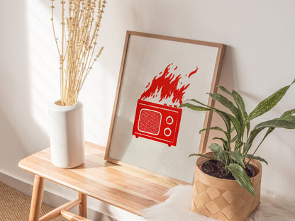 Radio Burns Poster | Red and Blue Screen Print Art Print | Retro Wall Art — styled in an interior