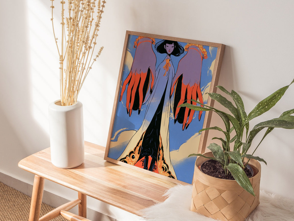 Figure Between Hands Poster | Coral and Periwinkle Illustrative Art Print | Art Deco Wall Art — styled in an interior