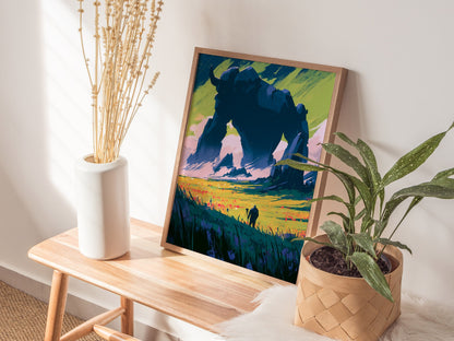 Stone Guardian at Dawn Poster | Navy and Orange Illustrative Art Print | Dark Fantasy Wall Art — styled in an interior