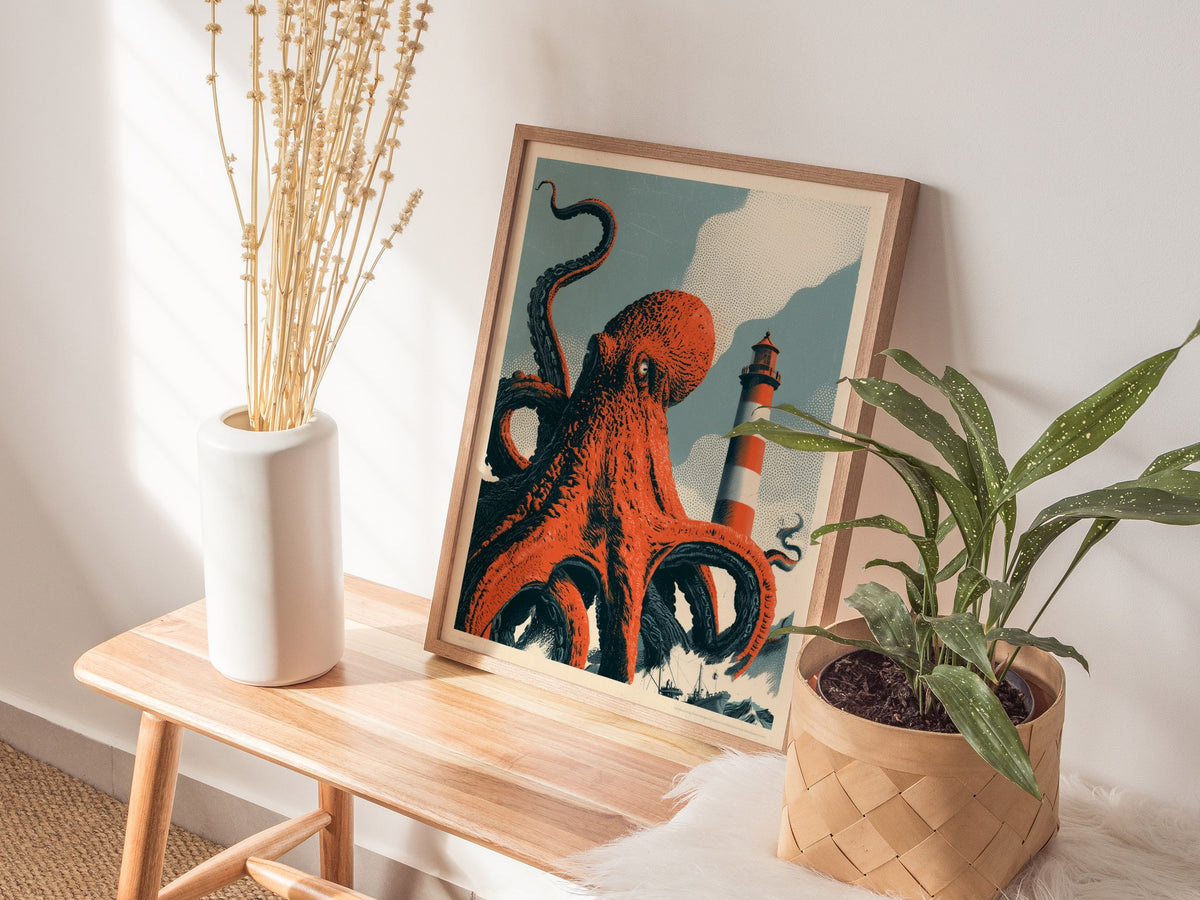 Octopus Finds Paradise Poster | Pink and Blue Screen Print Art Print | Retro Futurism Wall Art — styled in an interior