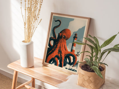 Octopus Finds Paradise Poster | Pink and Blue Screen Print Art Print | Retro Futurism Wall Art — styled in an interior