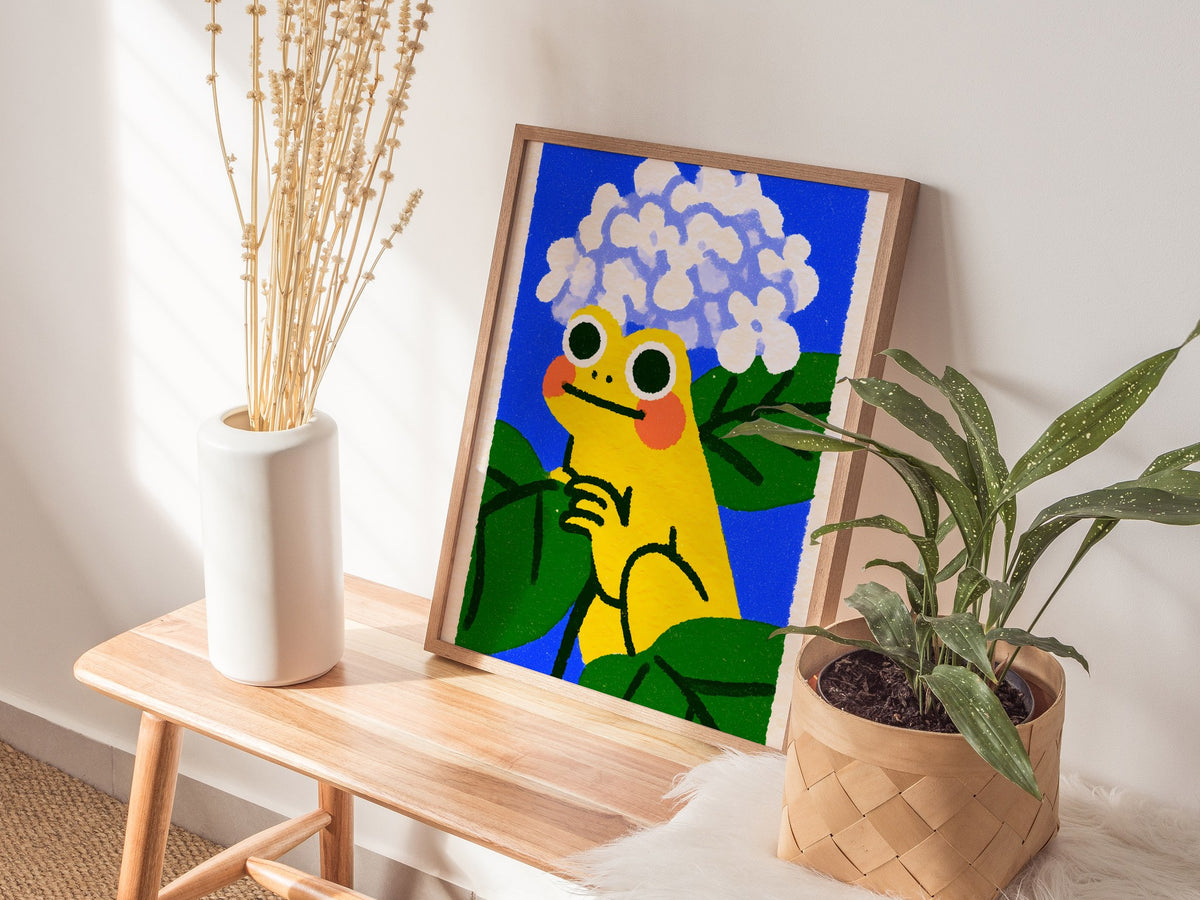 Toad with Hydrangeas Poster | Yellow and Periwinkle Illustrative Art Print | Kids Room Wall Art — styled in an interior