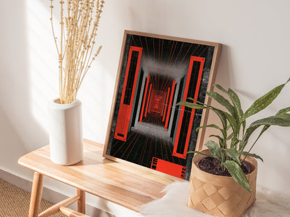 Corridor Radiates Red Poster | Red and Black Screen Print Art Print | Brutalist Wall Art — styled in an interior