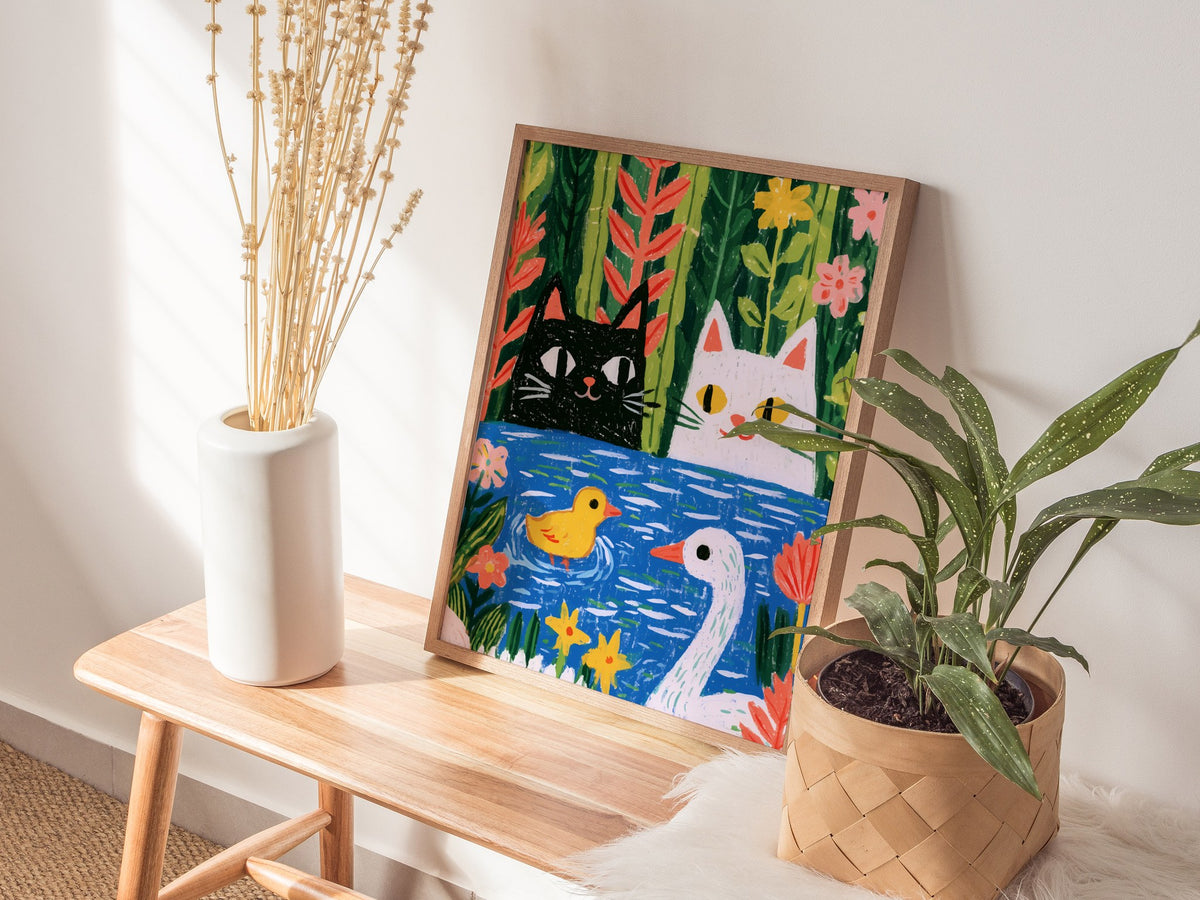 Forest Pond Companions Poster | Forest Green Illustrative Art Print | Kids Room Wall Art — styled in an interior