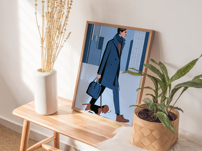 Man Walks Spring Poster | Coral and Pink Illustrative Art Print | Fashion Modern Wall Art — styled in an interior
