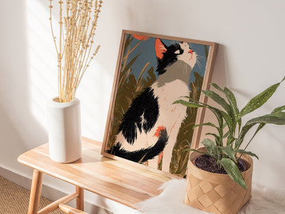 Cat Chasing Tail Poster | Cream and Coral Illustrative Art Print | Kids Room Wall Art — styled in an interior