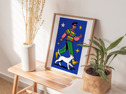 hero-and-cat Poster | Warm Ochre Illustrative Art Print | Kids Room Wall Art — styled in an interior