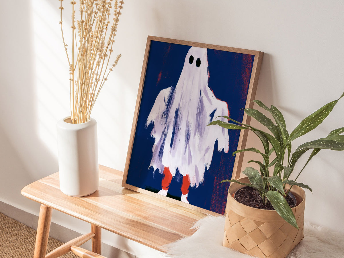 Ghost Stands Still Poster | Navy and Coral Illustrative Art Print | Kids Room Wall Art — styled in an interior