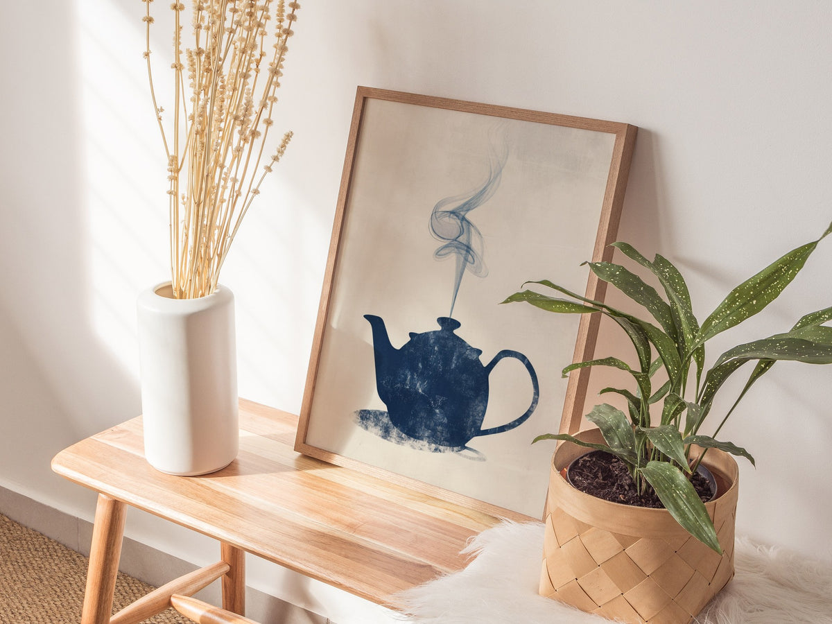 Kettle Steam Poster | Navy and Cream Minimalism Art Print | Kitchen Wall Art — styled in an interior