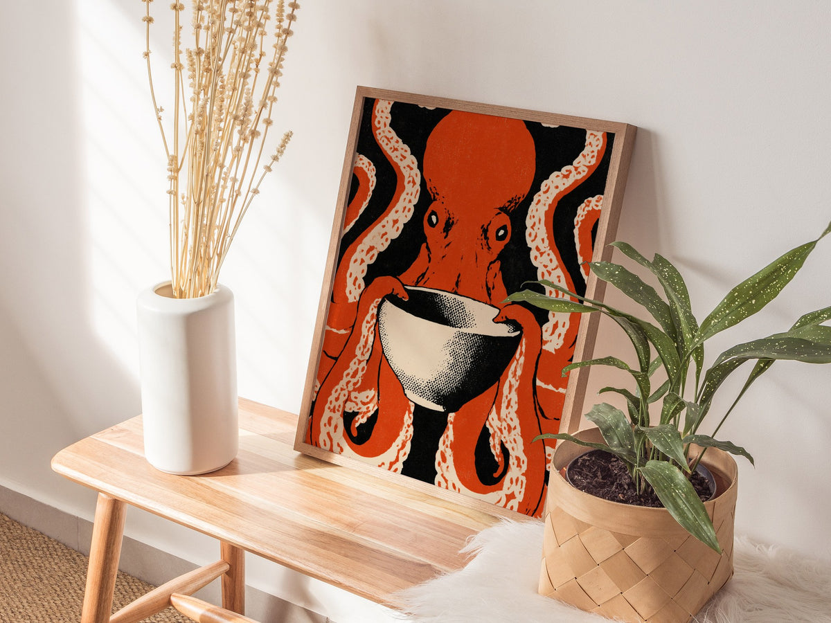 Breakfast Octopus Poster | Cream and Rust Screen Print Art Print | Kitchen Wall Art — styled in an interior