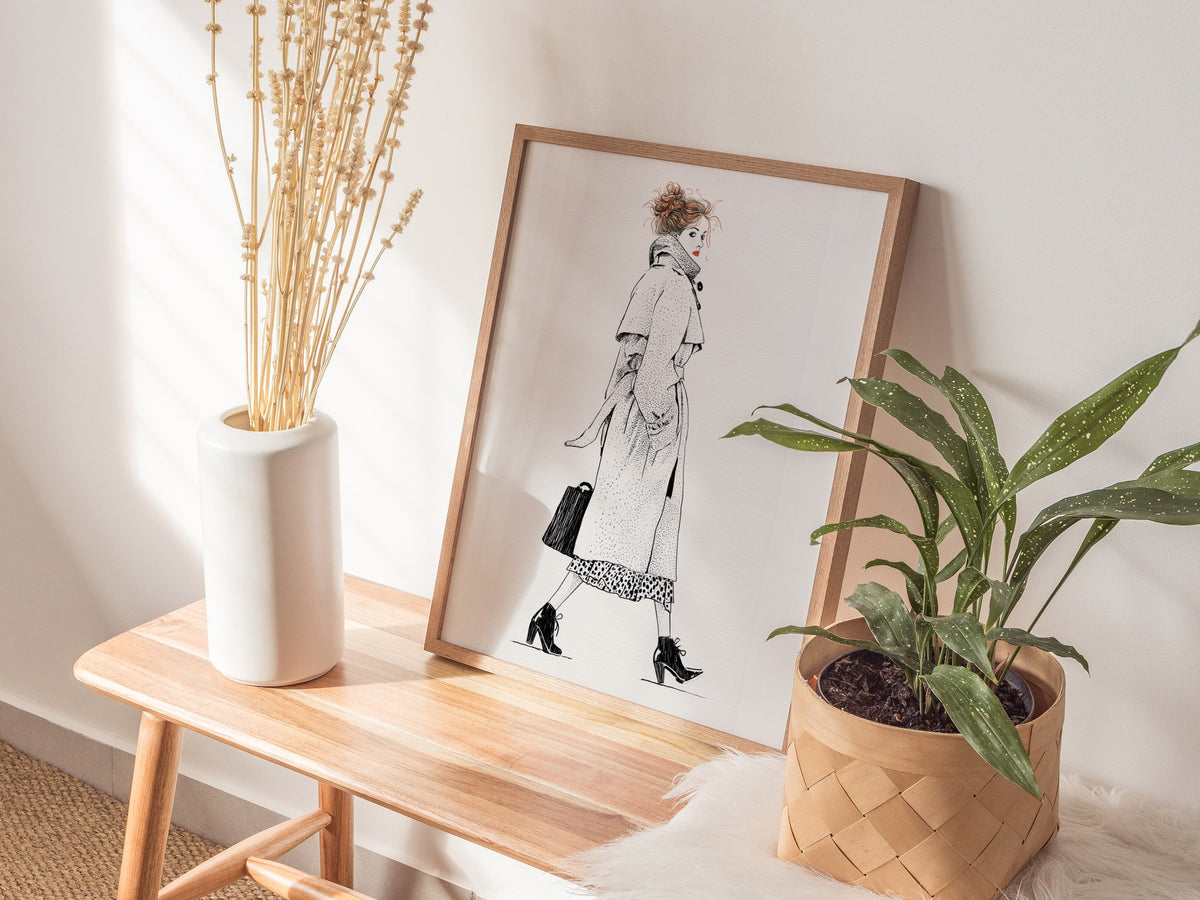 Woman Glances Back Poster | Orange and Cream Pen and Ink Art Print | Fashion Illustration Wall Art — styled in an interior