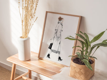 Woman Glances Back Poster | Orange and Cream Pen and Ink Art Print | Fashion Illustration Wall Art — styled in an interior