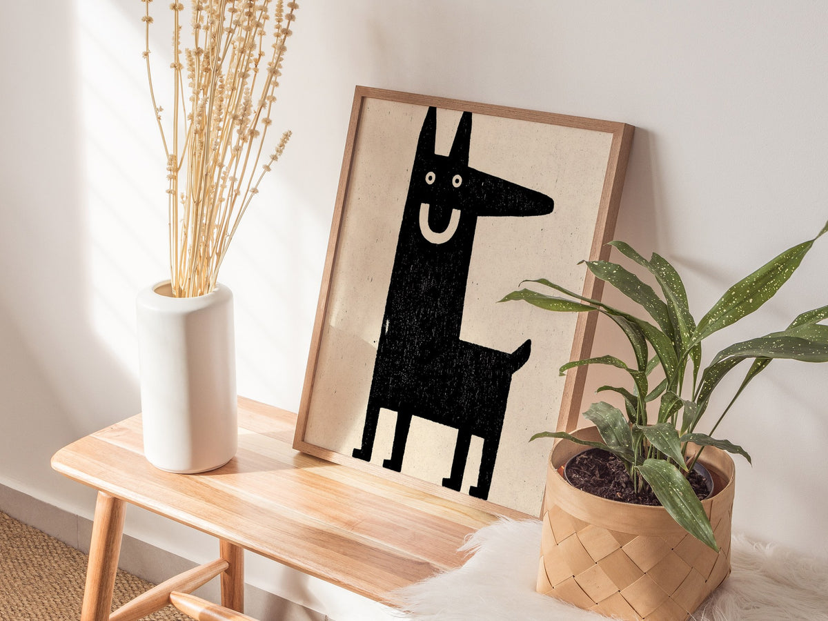 Grinning Dog Poster | Black and Cream Screen Print Art Print | Folk Art Wall Art — styled in an interior