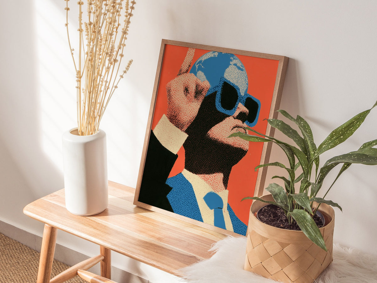 Globe Head Points Up Poster | Coral and Blue Screen Print Art Print | Contemporary Wall Art — styled in an interior