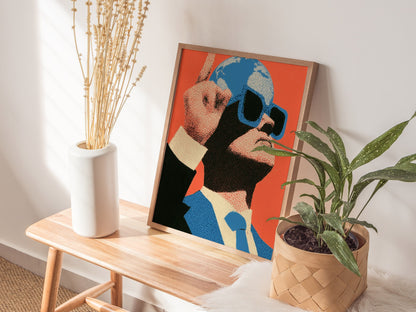 Globe Head Points Up Poster | Coral and Blue Screen Print Art Print | Contemporary Wall Art — styled in an interior
