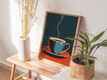 Cup and Saucer Poster | Cobalt and Coral Flat Design Art Print | Kitchen Wall Art — styled in an interior