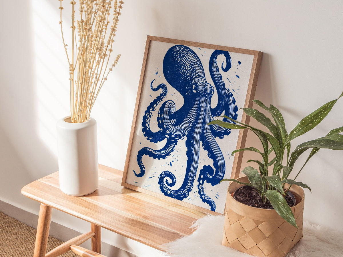 Octopus Unfurls Poster | Cobalt Blue Screen Print Art Print | Coastal Wall Art — styled in an interior