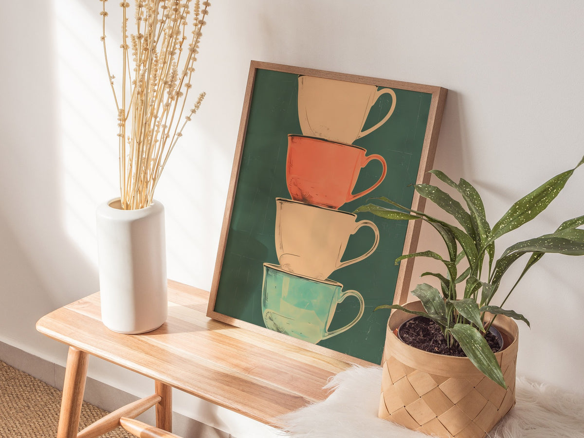 Stacked Teacups Poster | Coral and Teal Screen Print Art Print | Kitchen Wall Art — styled in an interior