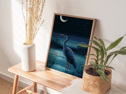 Heron Finds Moonlight Poster | Teal and Navy Pixel Art Print | Retro Gaming Wall Art — styled in an interior