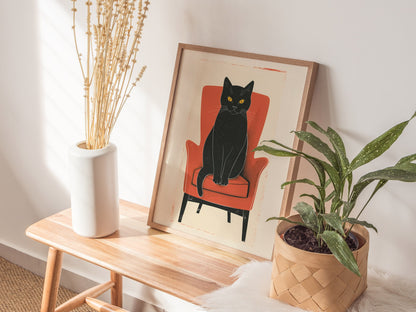 Black Cat in Red Chair Poster | Coral and Black Flat Design Art Print | Cat Lover Wall Art — styled in an interior