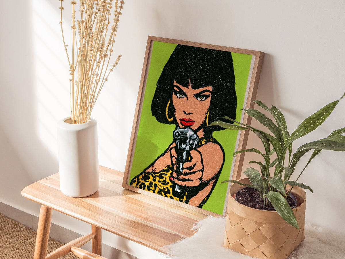 She Means Business Poster | Lime and Yellow Screen Print Art Print | Bold Maximalist Wall Art — styled in an interior