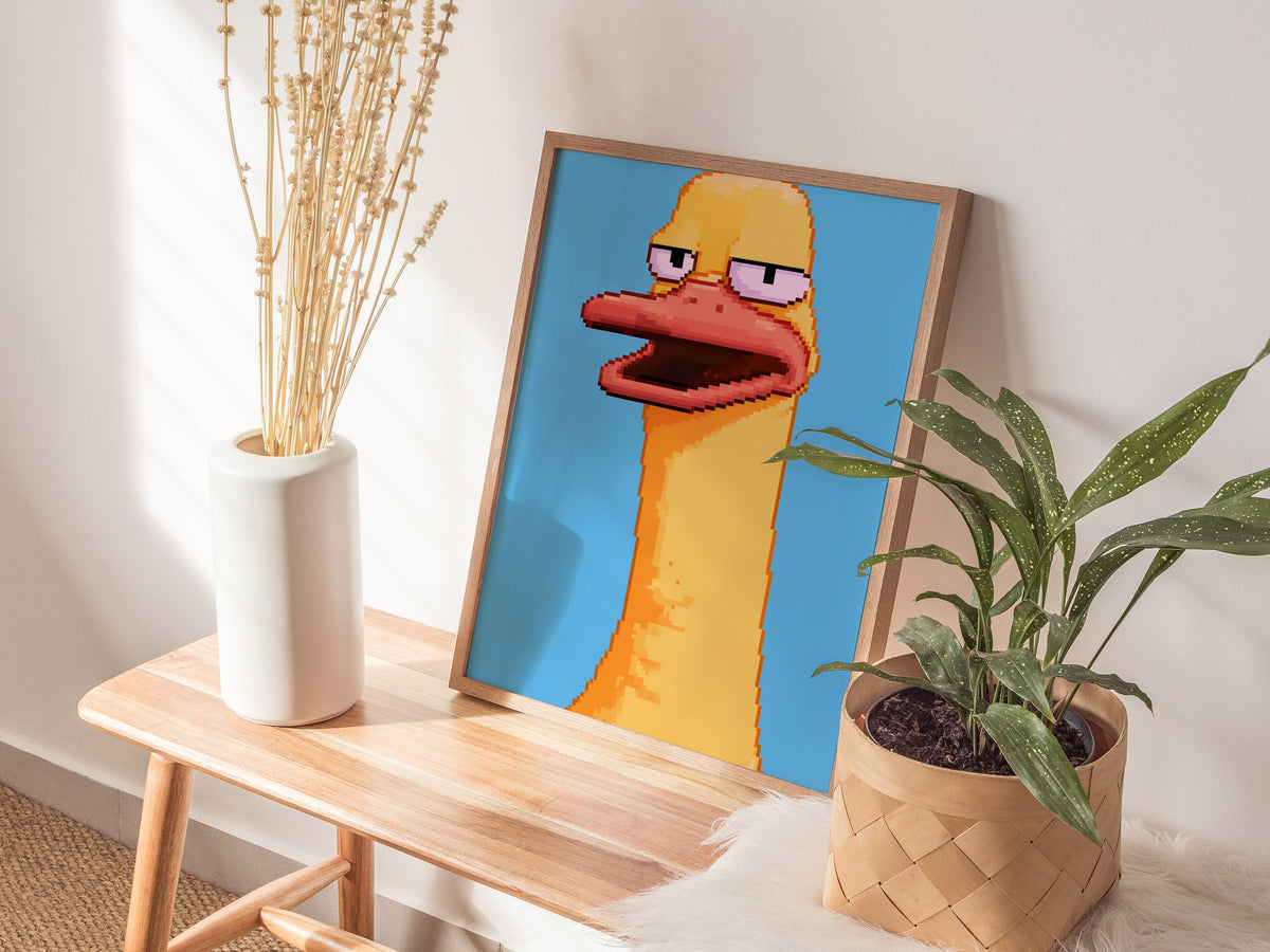 Tired Duck Portrait Poster | Pink and Yellow Pixel Art Print | Gaming Wall Art — styled in an interior