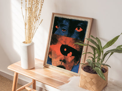 Two Faces Watching Poster | Coral and Teal Screen Print Art Print | Alternative Wall Art — styled in an interior