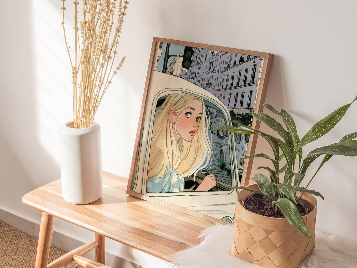 Girl Waits Red Poster | Cream and Sage Illustrative Art Print | Romantic Vintage Wall Art — styled in an interior