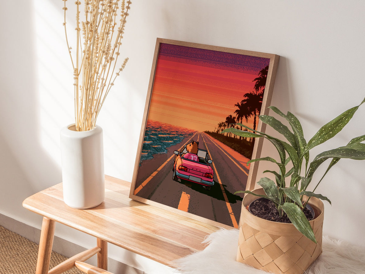 Capybara Drives Sunset Poster | Coral and Purple Pixel Art Print | Retro Gaming Wall Art — styled in an interior