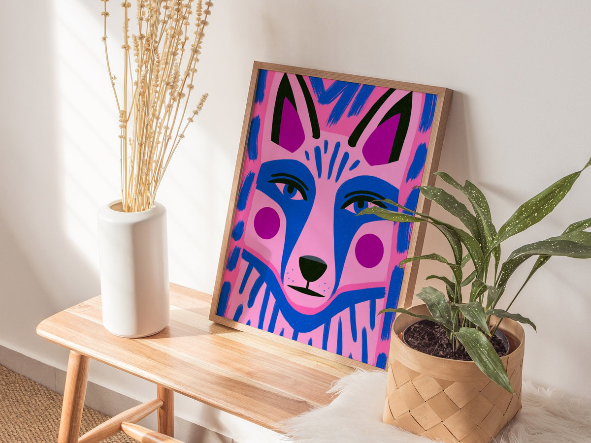 Fox Faces Forward Poster | Pink and Blue Illustrative Art Print | Kids Room Wall Art — styled in an interior
