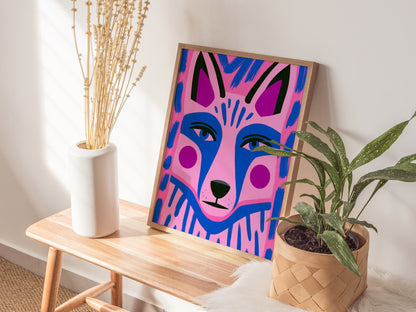 Fox Faces Forward Poster | Pink and Blue Illustrative Art Print | Kids Room Wall Art — styled in an interior