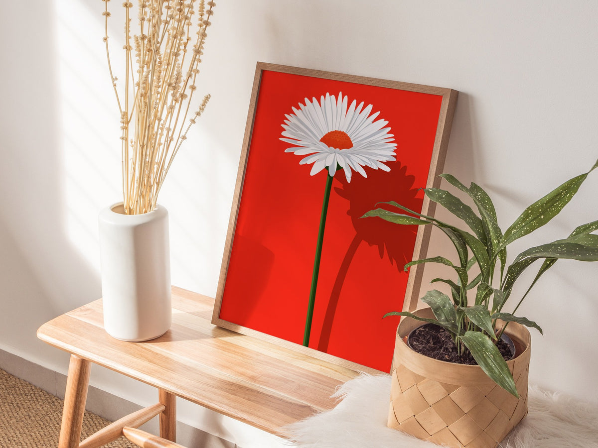 White Daisy on Red Poster | Red and White Flat Design Art Print | Modernist Wall Art — styled in an interior