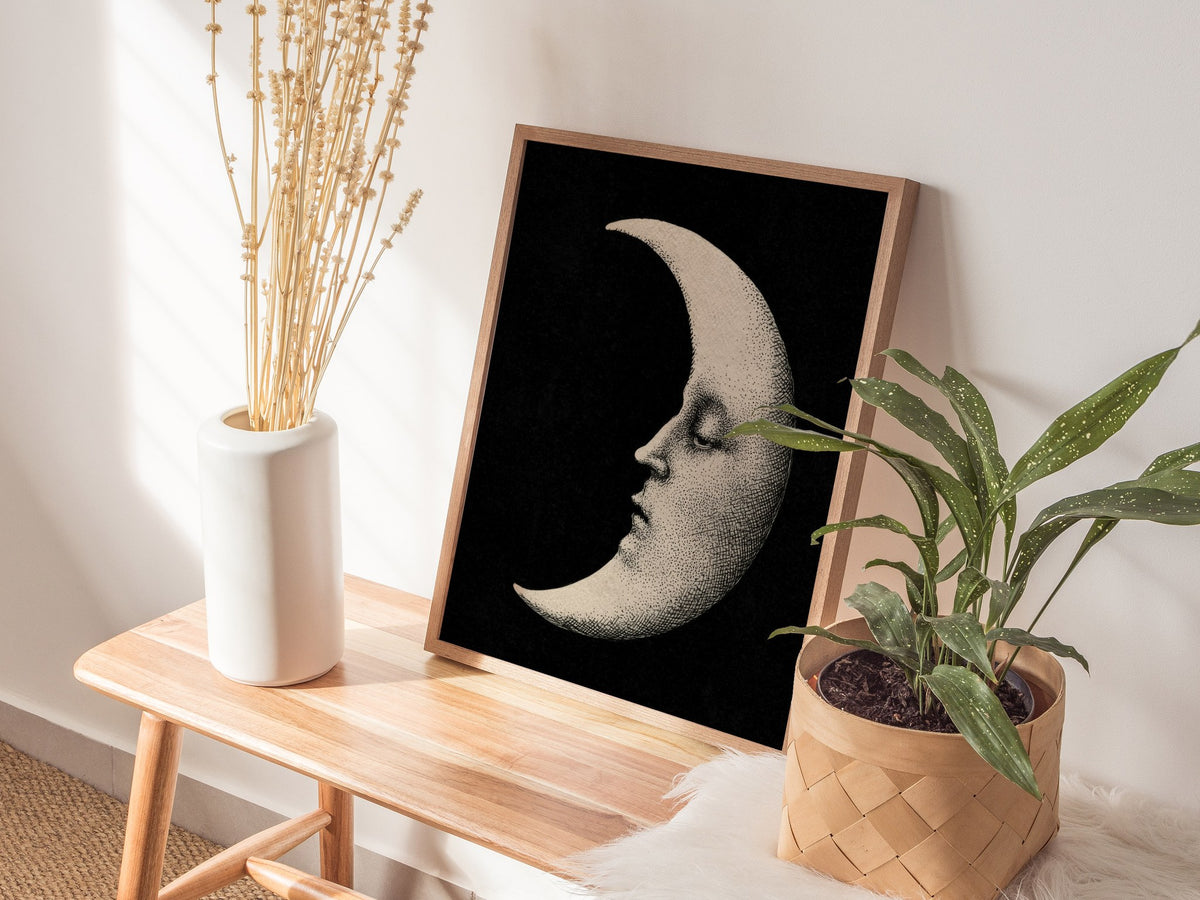 Manuscript Moon Poster | Black and Cream Pen and Ink Art Print | Dark Academia Wall Art — styled in an interior