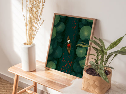 Lily Pad Passage Poster | Forest Green Illustrative Art Print | Botanical Wall Art — styled in an interior