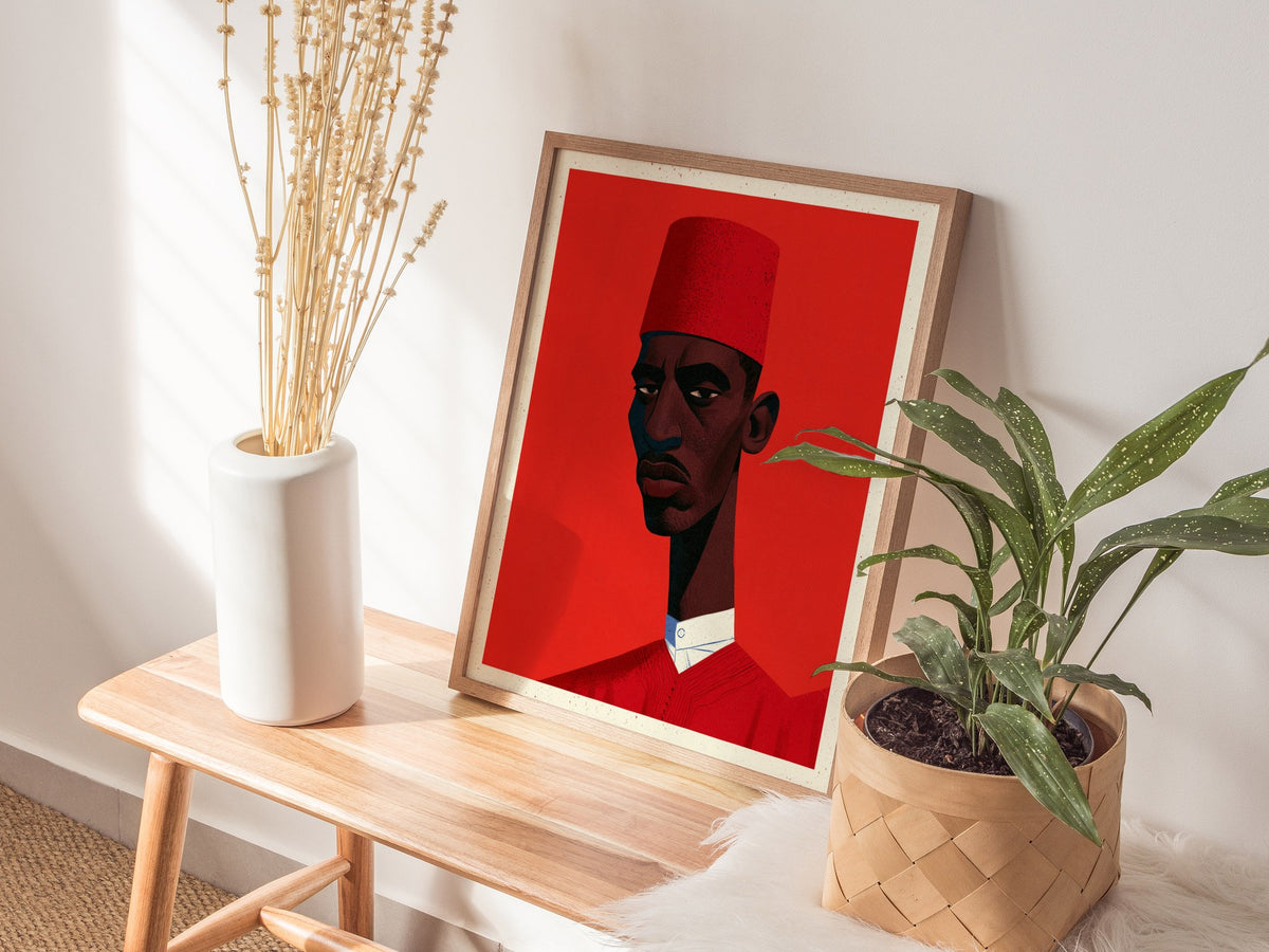 Man Wears Fez Poster | Red and Teal Illustrative Art Print | Retro Portrait Wall Art — styled in an interior