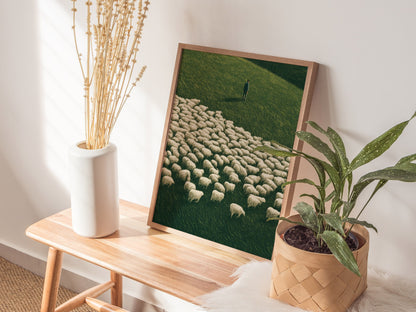 Shepherd Counts Flock Poster | Green and Cream Illustrative Art Print | Cottagecore Wall Art — styled in an interior
