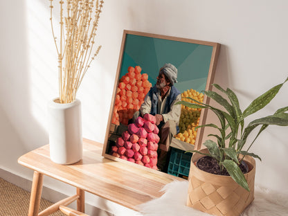 Fruit Seller Waits Poster | Navy and Hot Low Poly Art Print | Kitchen Wall Art — styled in an interior
