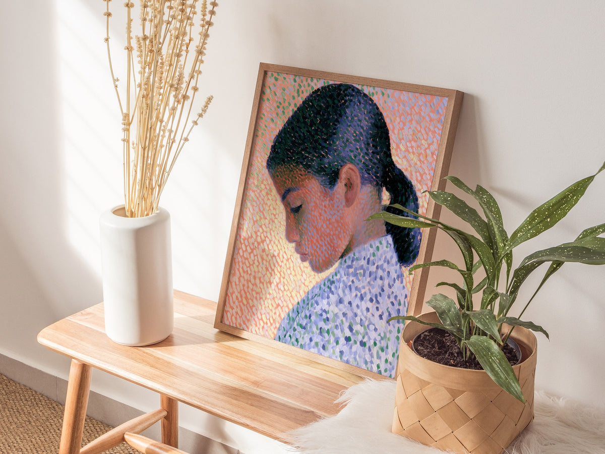Girl in Ponytail Poster | Coral and Purple Oil Painting Art Print | Contemporary Portrait Wall Art — styled in an interior