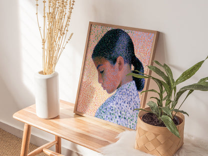 Girl in Ponytail Poster | Coral and Purple Oil Painting Art Print | Contemporary Portrait Wall Art — styled in an interior