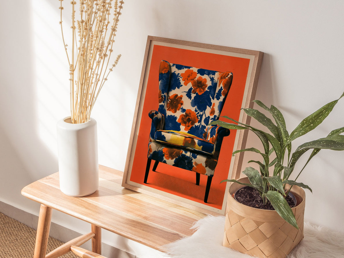 Armchair Blooms Poster | Cobalt and Coral Screen Print Art Print | Mid-Century Wall Art — styled in an interior