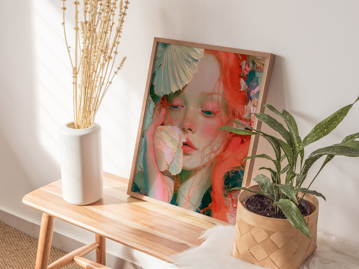 Fan Hides Everything Poster | Orange and Blue Oil Painting Art Print | Coastal Wall Art — styled in an interior