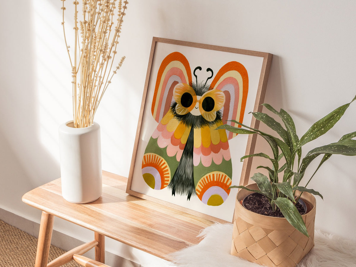 Moth Owns Rainbows Poster | Orange and Pink Illustrative Art Print | Kids Room Wall Art — styled in an interior