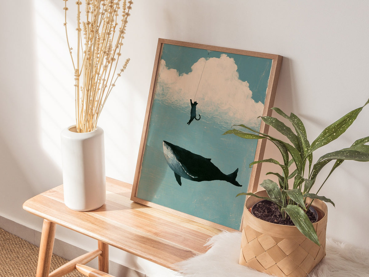 Cloud Fishing Poster | Blue and Cream Illustrative Art Print | Kids Room Wall Art — styled in an interior
