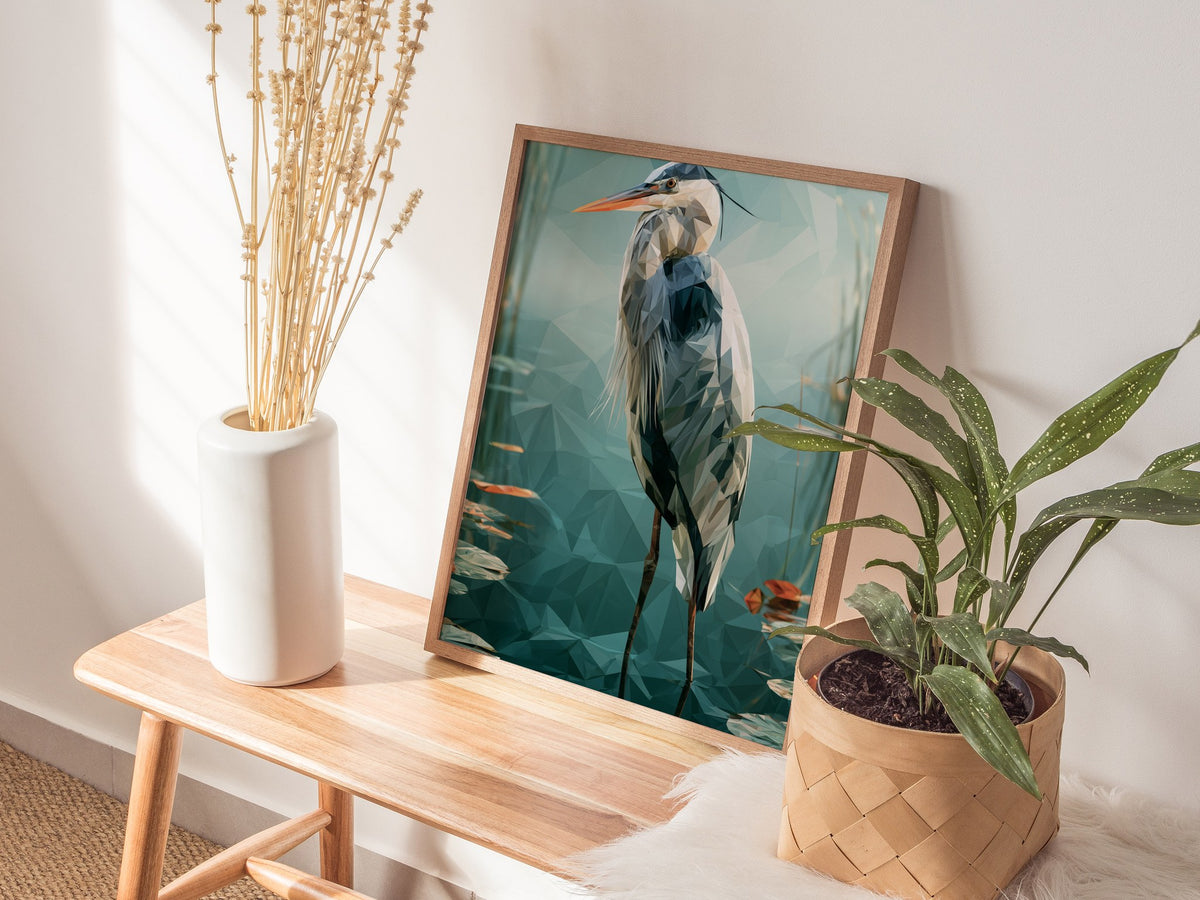 Heron Guards Shallows Poster | Teal and Slate Low Poly Art Print | Modern Minimal Wall Art — styled in an interior